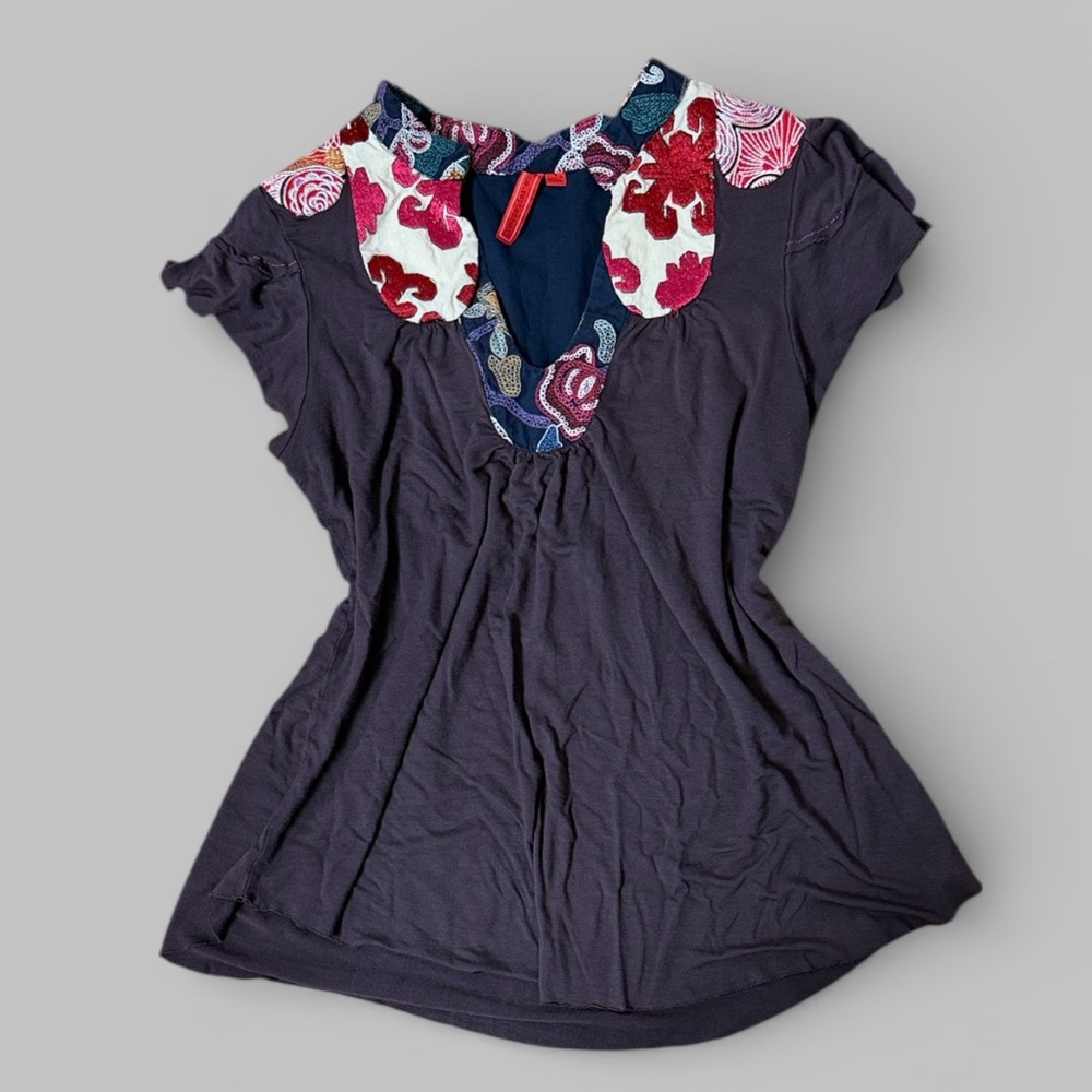 Anthropologie One September Flutter Short Sleeve Embroidered Top
